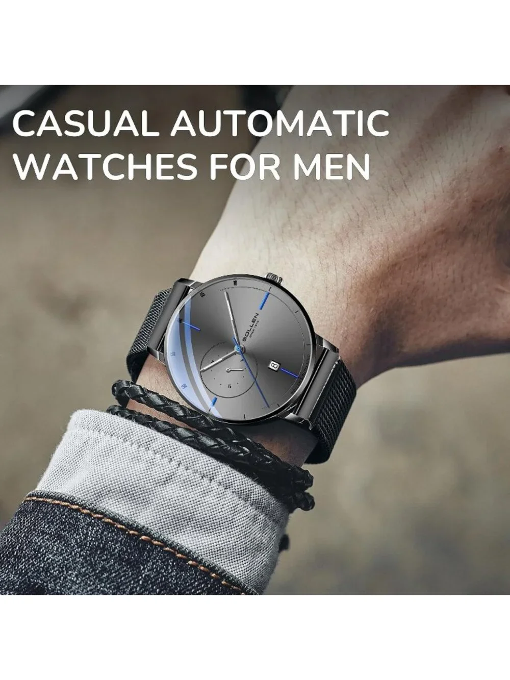 Men's Grey Luxury Minimalist Original Mechanical Movement Automatic Wrist Watch